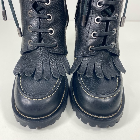 Tory Burch Trigg Black Pebbled Leather Mid Calf Rugged Stilleto Kiltie Boots 8.5 - Picture 15 of 16